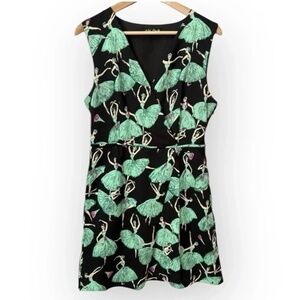 Sidecca Women's Sleeveless Dress L Black Green Ballerina Print V-Neck Casual